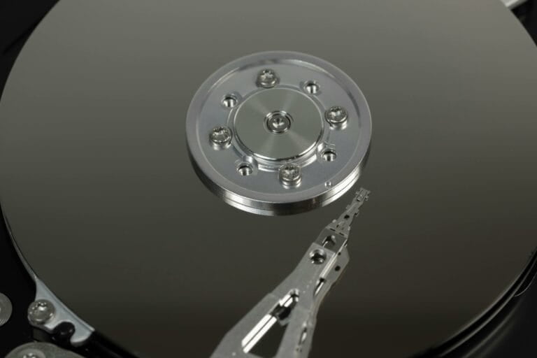 Close-up of hard drive internal components.